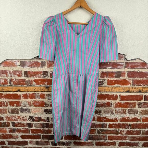 Vintage Jane Schaffhausen Dress Sz 4 Pink Blue Stripe Puff Sleeve Zip Up USA 80s - Picture 5 of 5
